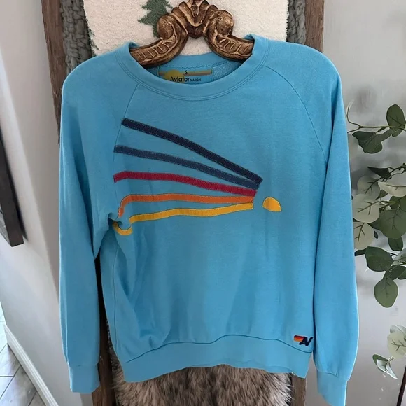 Aviator Nation Blue Sweatshirt with Rainbow Stripes - Picture 1 of 5